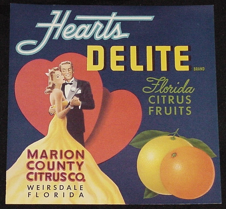 Vintage Hearts Delite 1940’s Original Florida Citrus Crate Label Weirsdale, Fl.