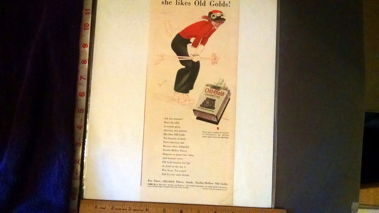 Rare Original VTG Old Gold Cigarettes Winter Skiing Color Advertising Art Print