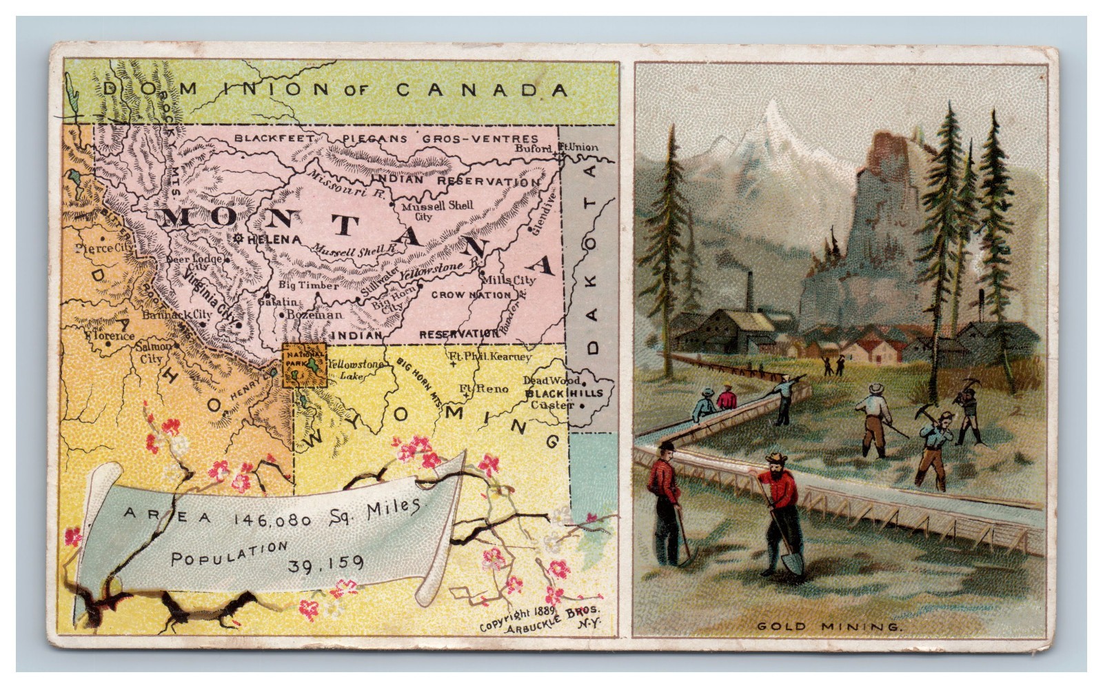 1889 Arbuckle Gold Mining Montana Map Victorian Trade Card Antique