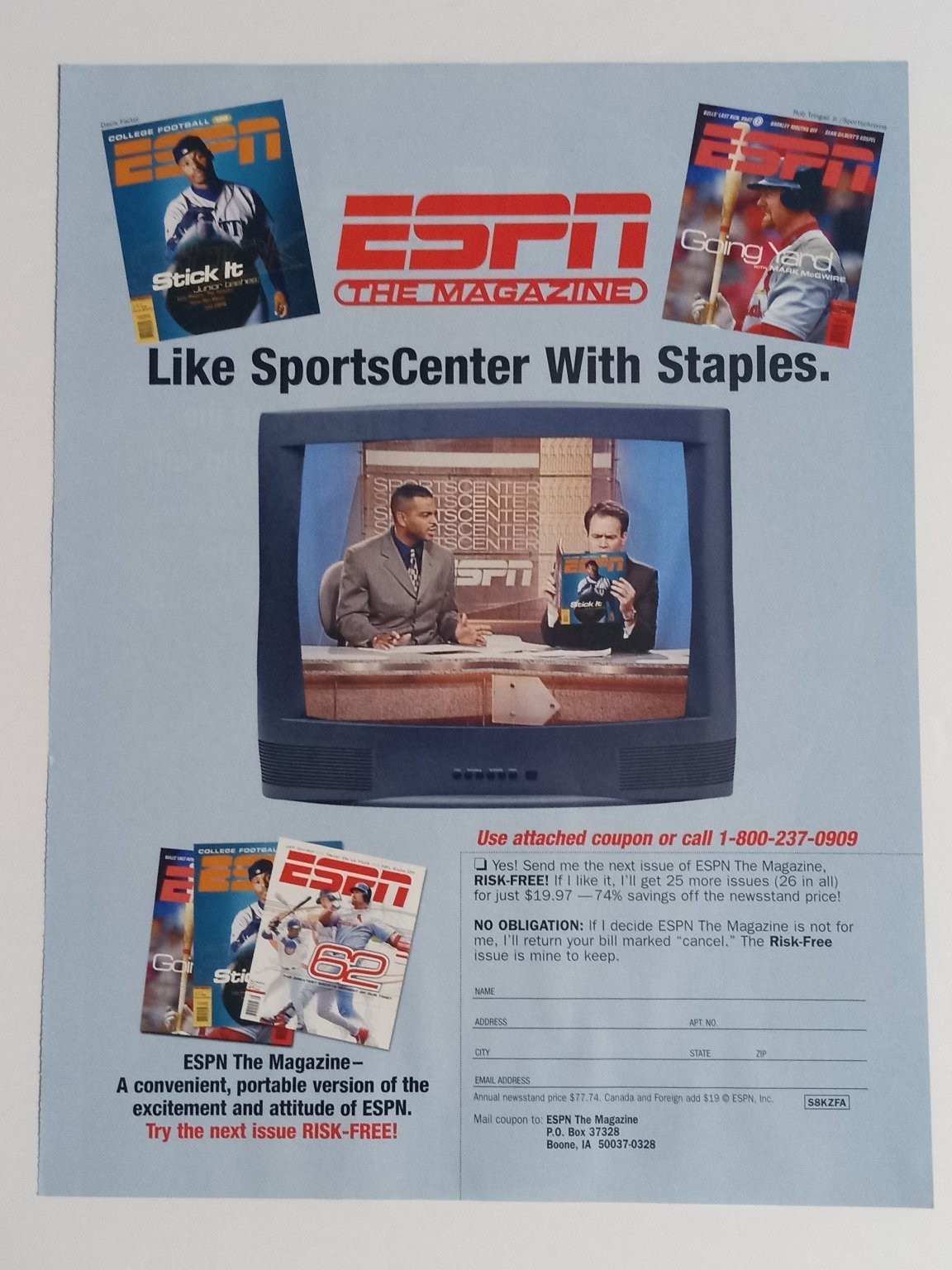 ESPN The Magazine Ad 1990s “Like SportsCenter With Staples” Mark McGwire