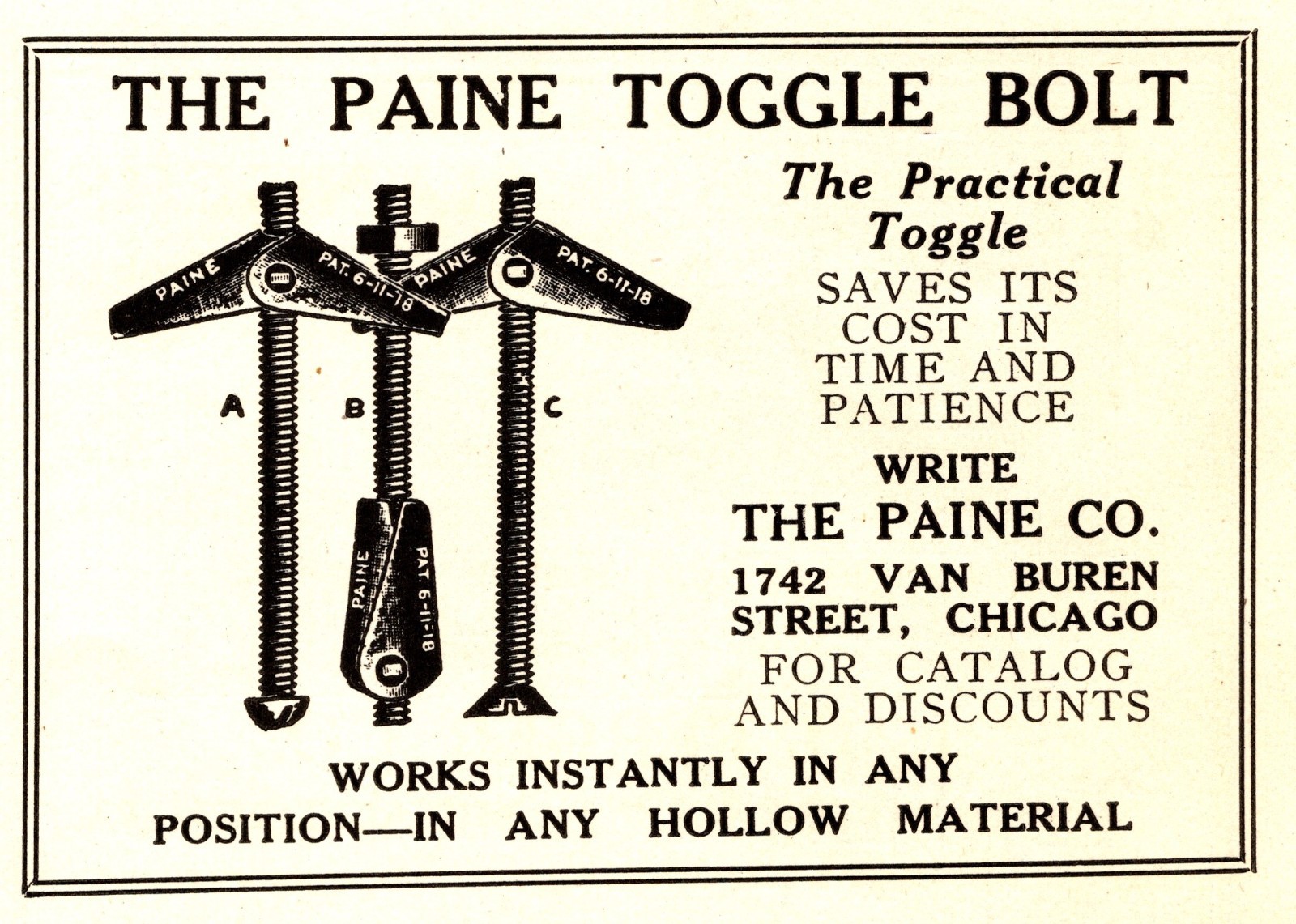 1923 Paine Toggle Bolt Print Ad / Advertisement (3.5in X 2.5) – Chicago, ill