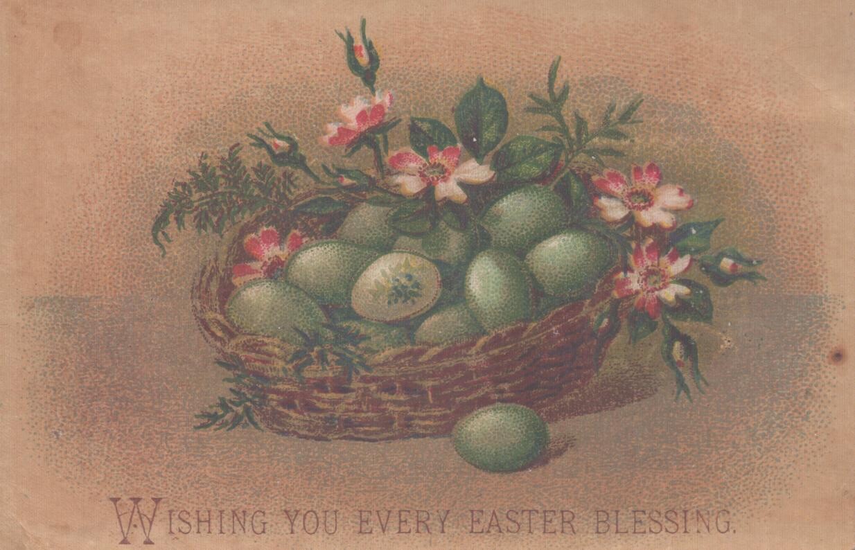 Victorian Card – Easter Wished – Eggs in A Basket/Flowers – 4.25 x 2.75