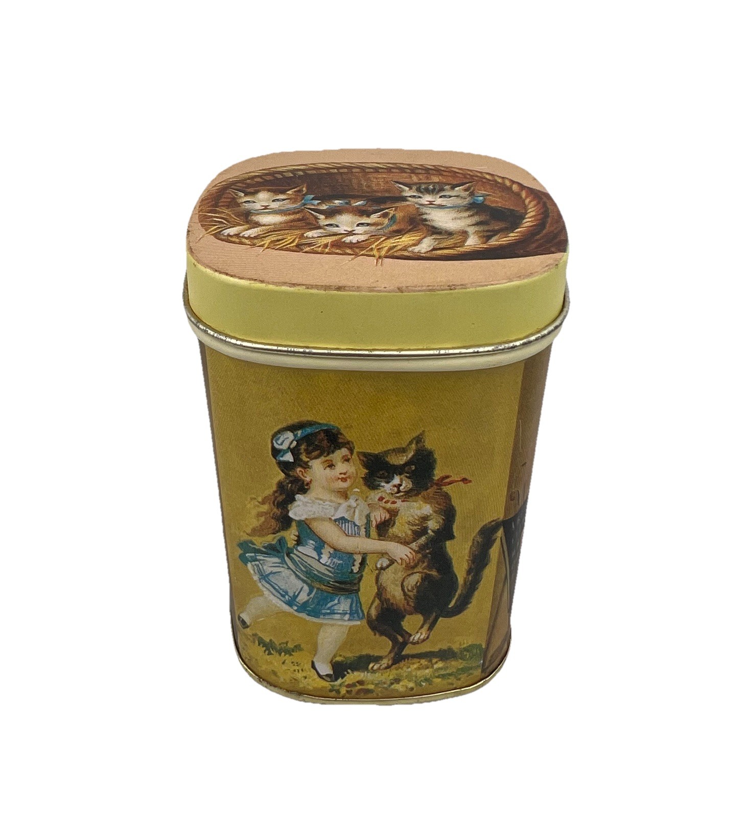 Vintage Little Girl and Cat Kittens In Basket Advertising Tin with Lid