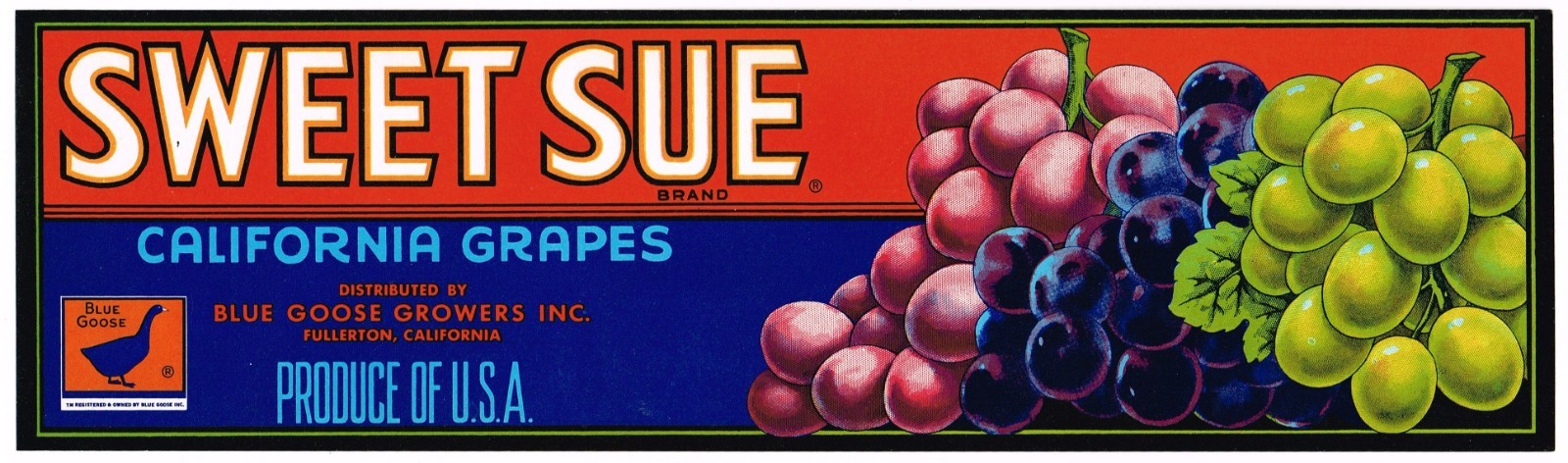 ORIGINAL CRATE LABEL VINTAGE GRAPES RARE FULLERTON ORANGE COUNTY BLUE GOOSE SUE