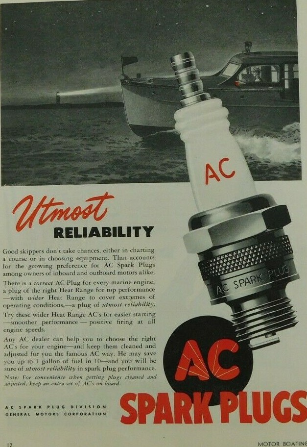 AC Spark Plugs Utmost Reliable Dec 1946 Motorboat Original Vintage Advertisement