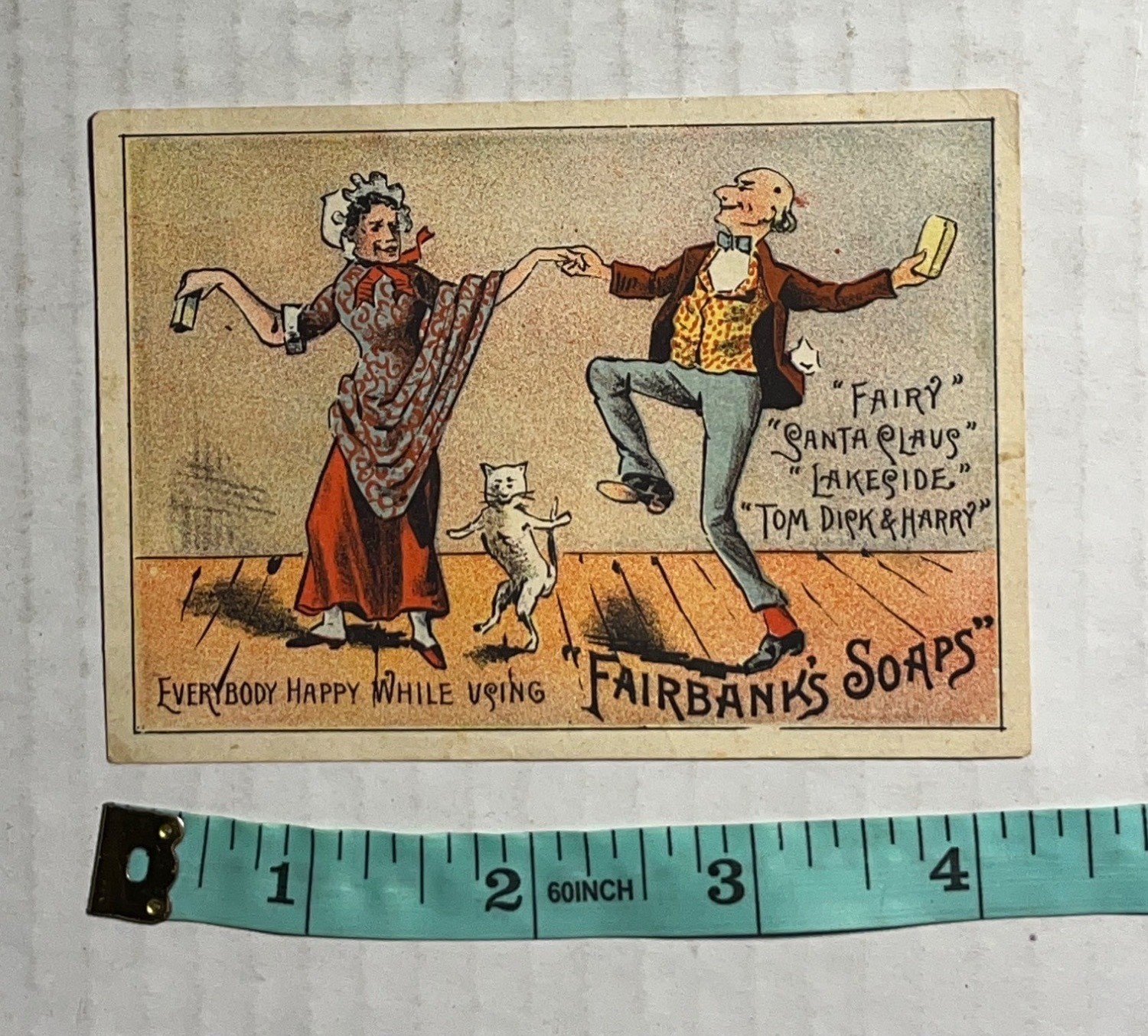 1880s Fairbank’s Soap Trade Card – Dancing Couple & Cat, Gold Dust Ad Back