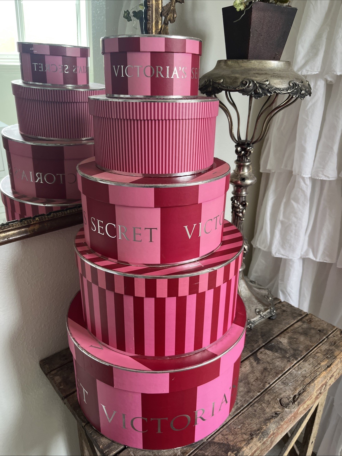 HUGE Victoria’s Secret VINTAGE Red Pink Striped Collectible Display Hat Box Set