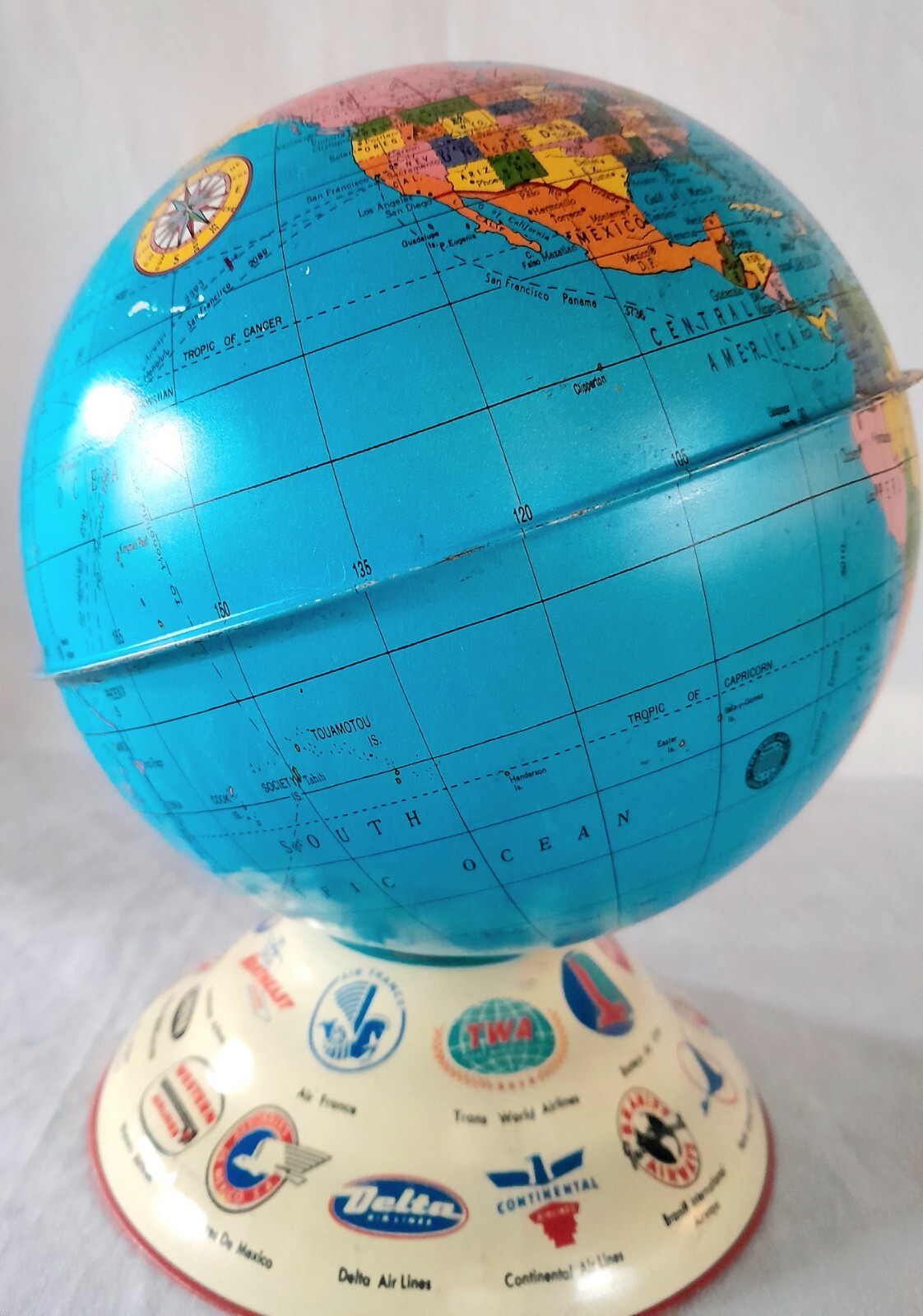 Vintage Deco 1930s Ohio Art Company Tin Litho Airplane Ad Toy Globe Bank (B)