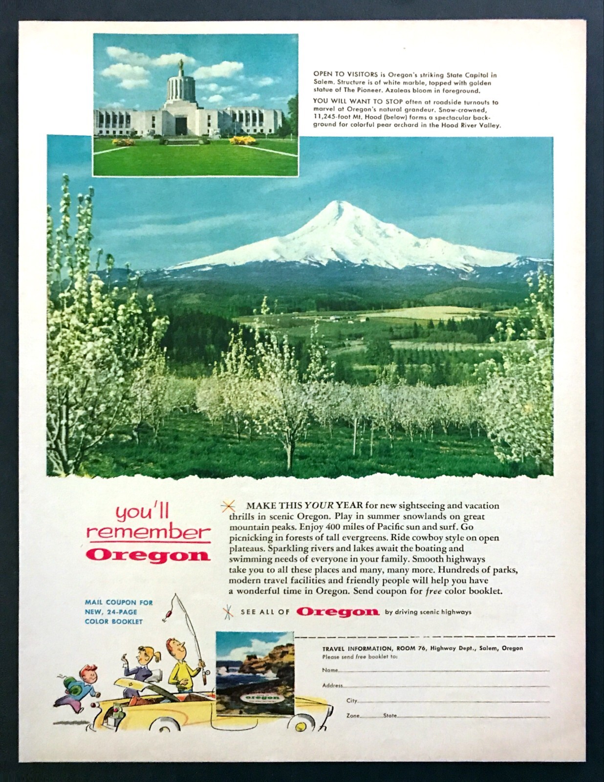 1956 Salem Oregon State Capitol & Mt. Hood photo Oregon Tourism vintage print ad