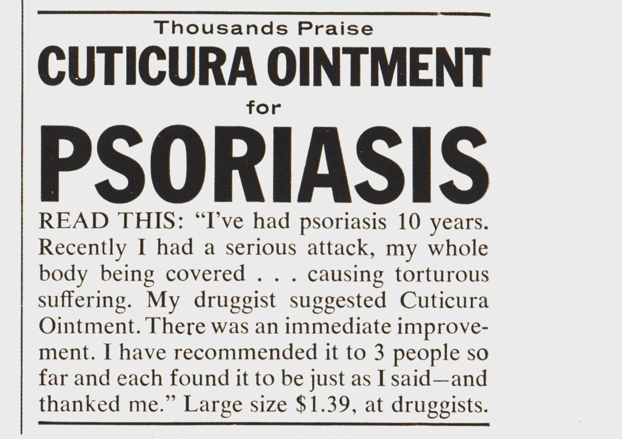 Cuticura Ointment for Psoriasis Testimonial Anecdote 1960s Print Ad 436