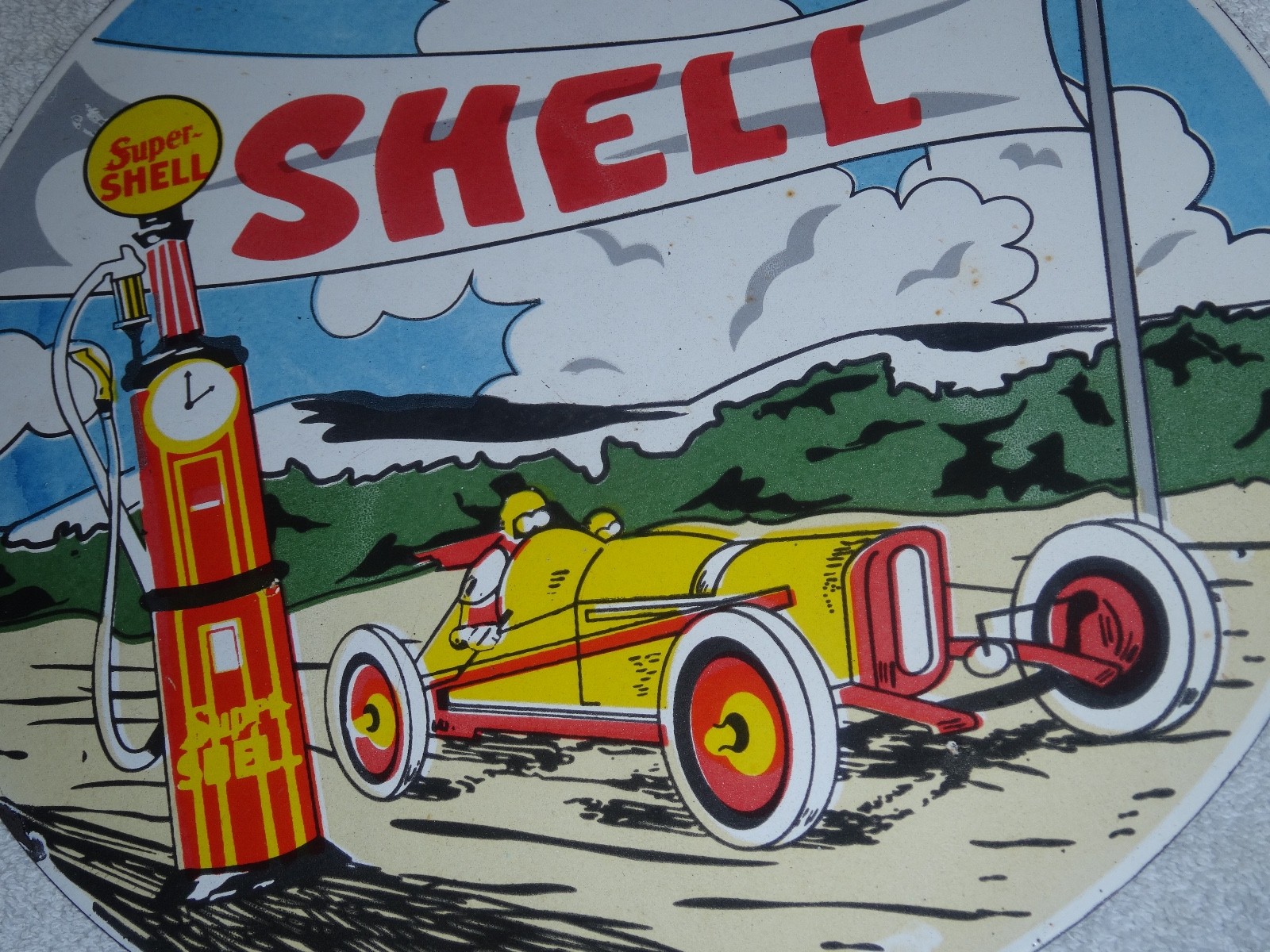 VINTAGE SHELL RACE CAR & VISIBLE GASOLINE PUMP 11 3/4″ PORCELAIN METAL OIL SIGN!