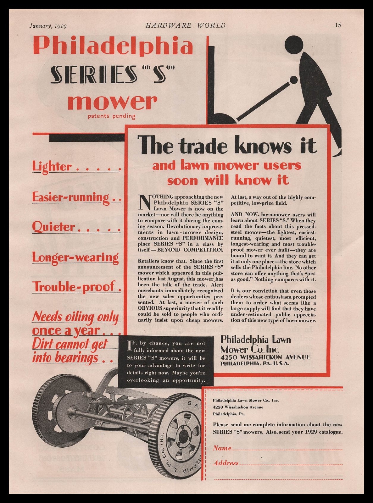 1929 Philadelphia Lawn Mower Series S Lawn Mowers “The Trade Knows It” Print Ad
