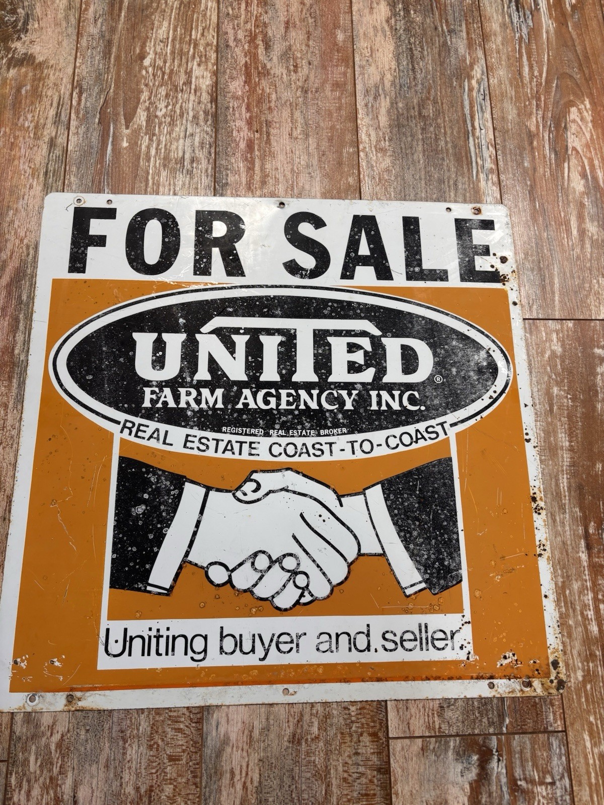 Vintage Metal Sign United Farm Agency Realty Handshake Graphics 20” Original 50s