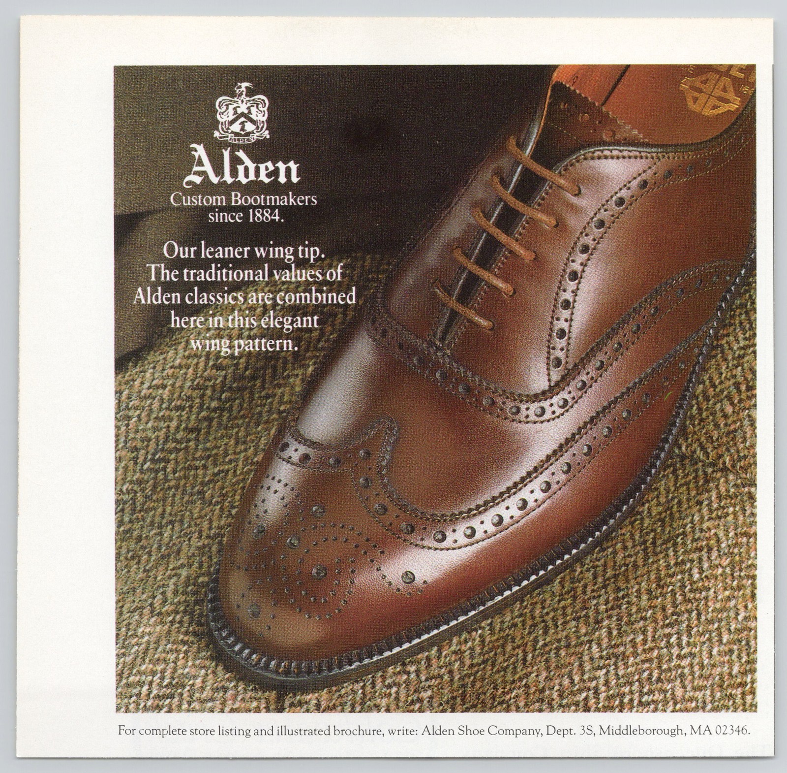 Alden Custom Bootmakers Wingtip Shoes 1884 Middleborough MA Print Ad