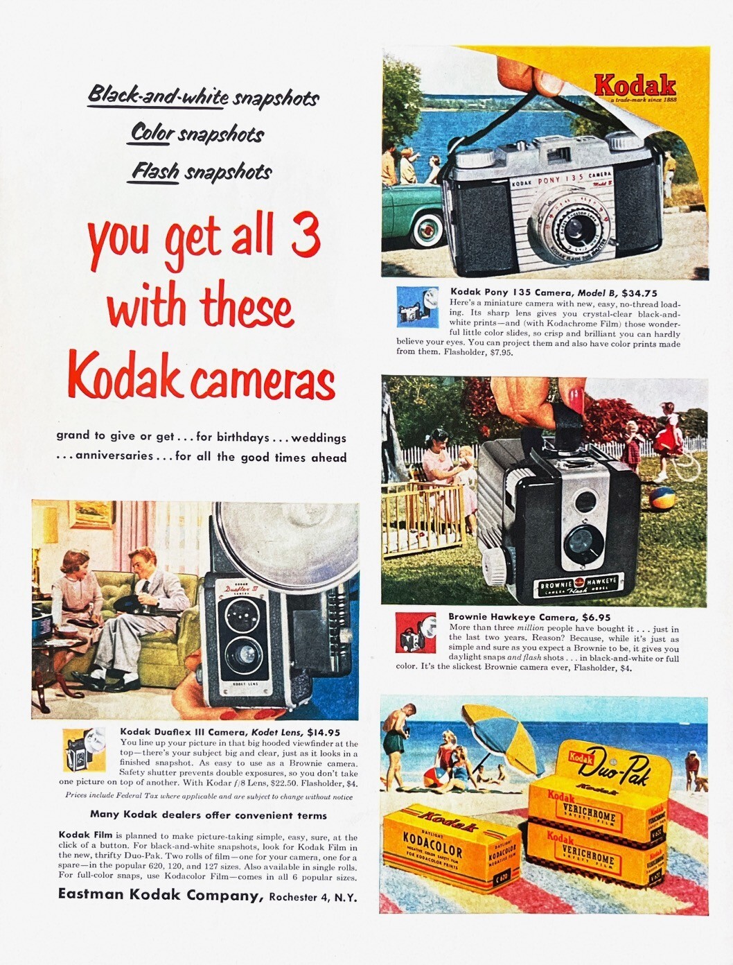 1954 KODAK CAMERAS Genuine Vintage Print Ad Photography Kodachrome Film