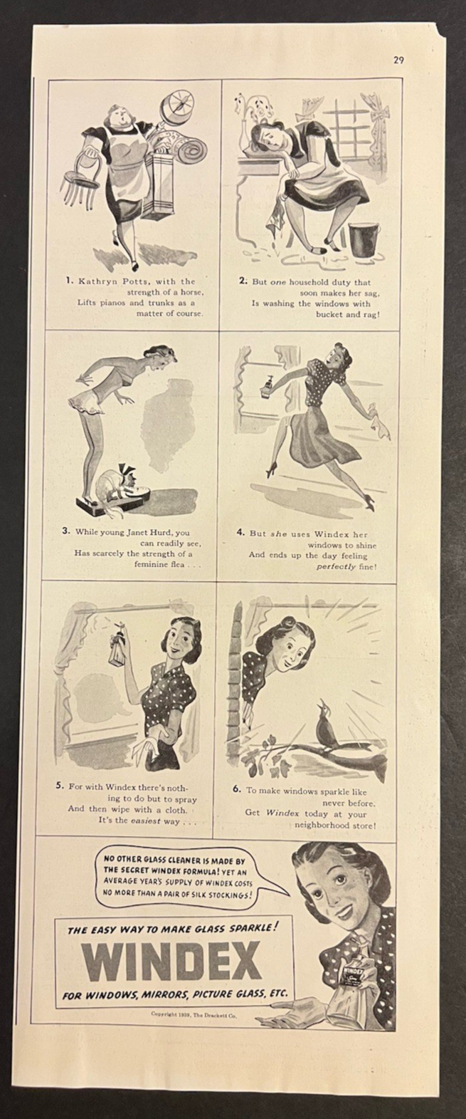 Vtg 1930s AD-Windex, The Easy Way to Make Glass Sparkle! Comic Strip Style Retro