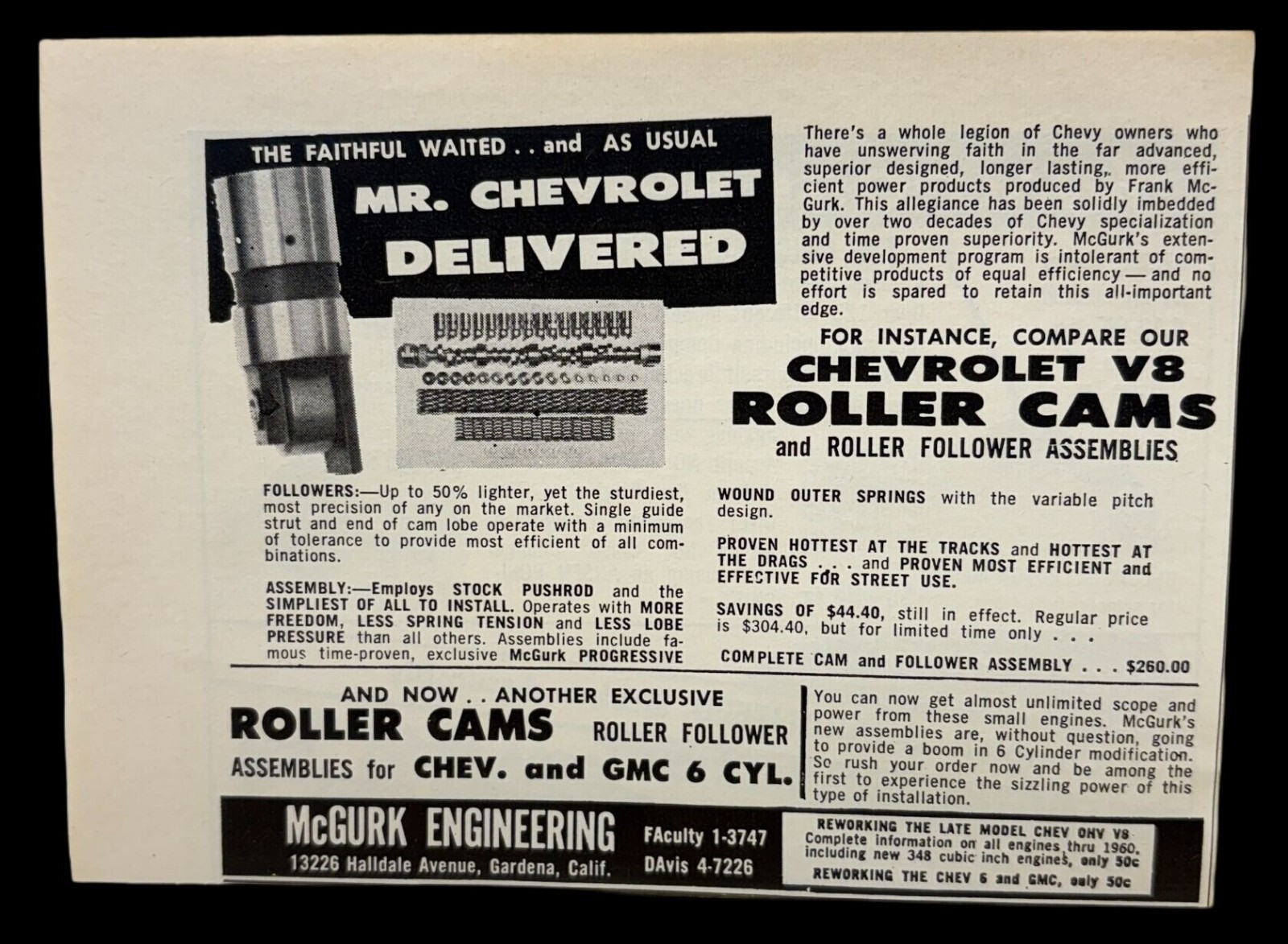 McGurk Engineering Vintage Print Ad 1960s Chevrolet V8 Roller Cams Auto Parts
