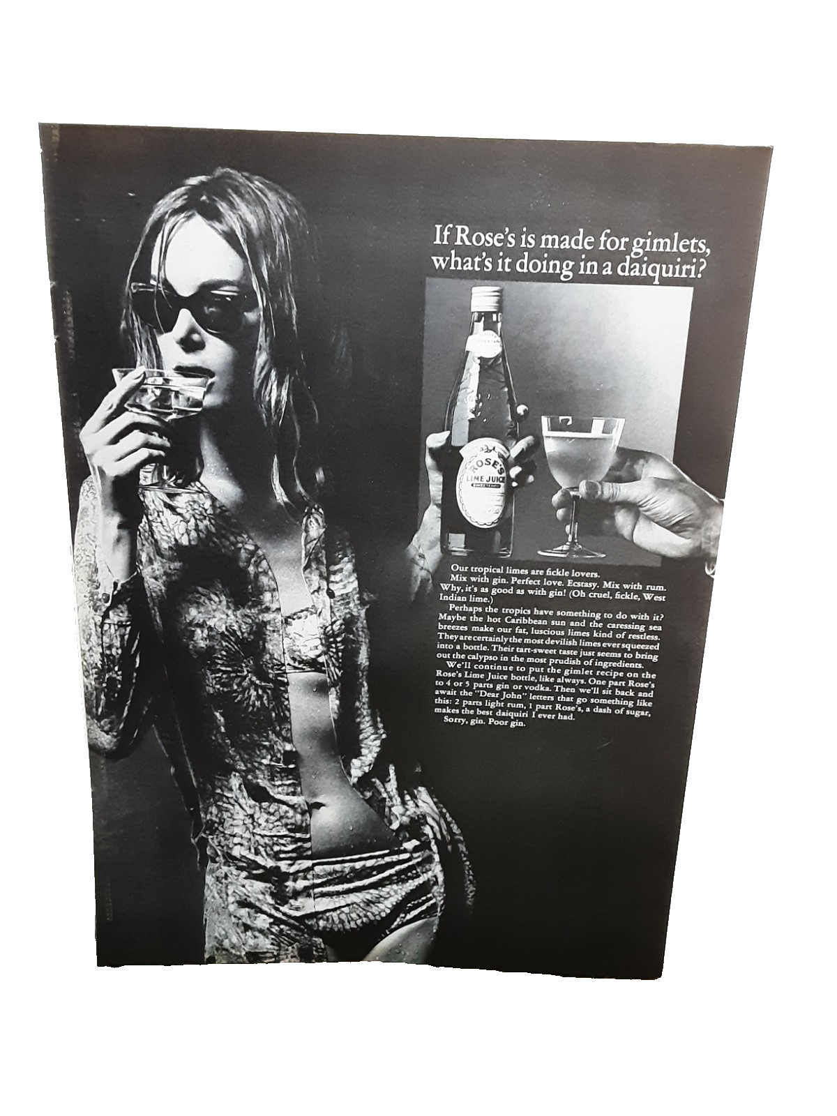 Vintage 1966 Rose’s Lime Juice Print Ad Sexy Woman Gimlets Daiquiri Cocktail
