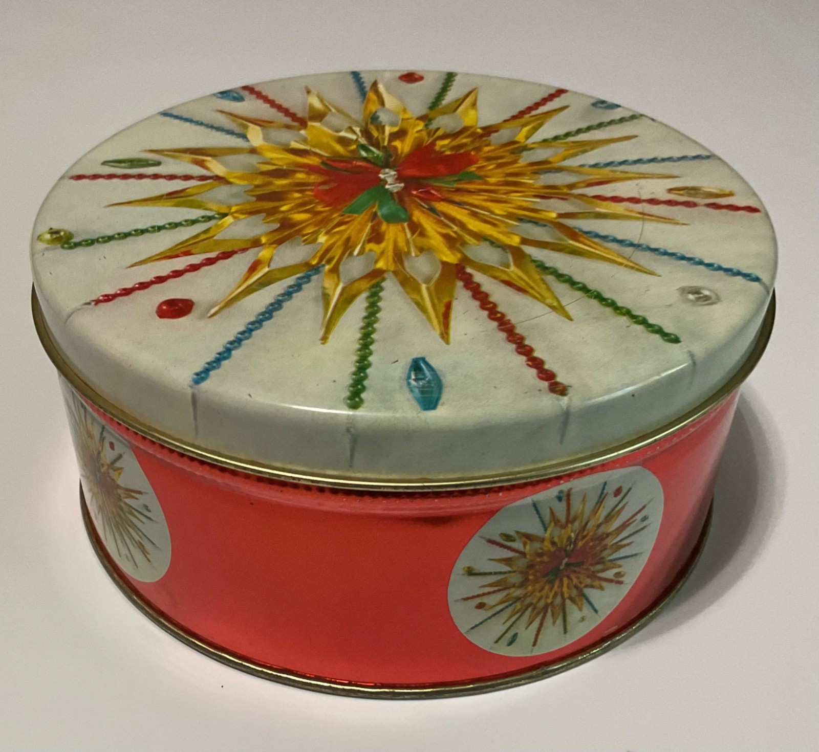 Vintage MCM Cookie Fruit Cake Candy Christmas Ornament Tin