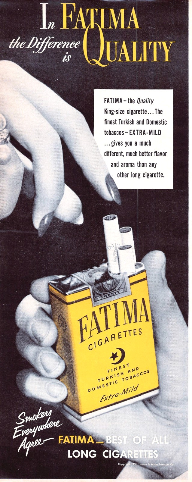 Fatima Extra Mild King Size Cigarette Turkish Tobacco Pkg 1951 Magazine Print Ad