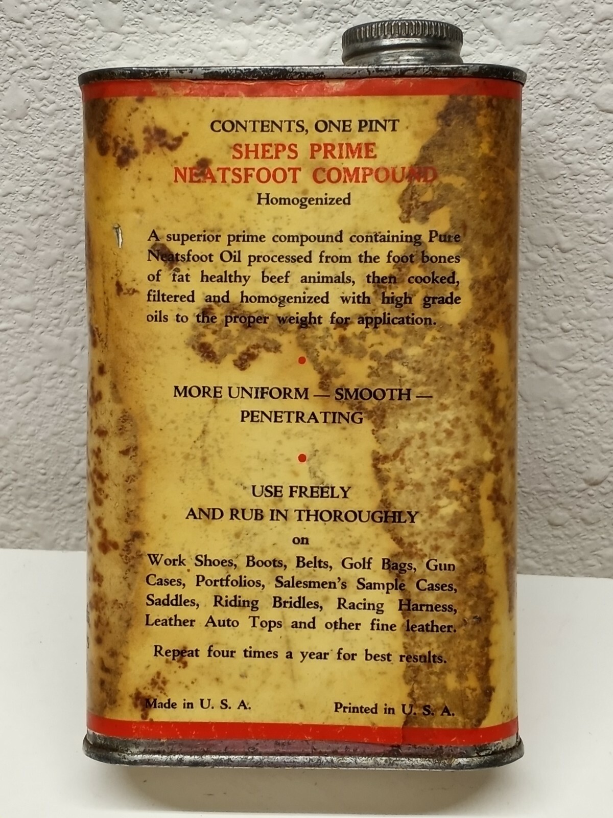Vintage SHEPS PRIME NEATSFOOT COMPOUND TIN CAN OMAHA NEBRASKA 16 oz. PAPER LABEL