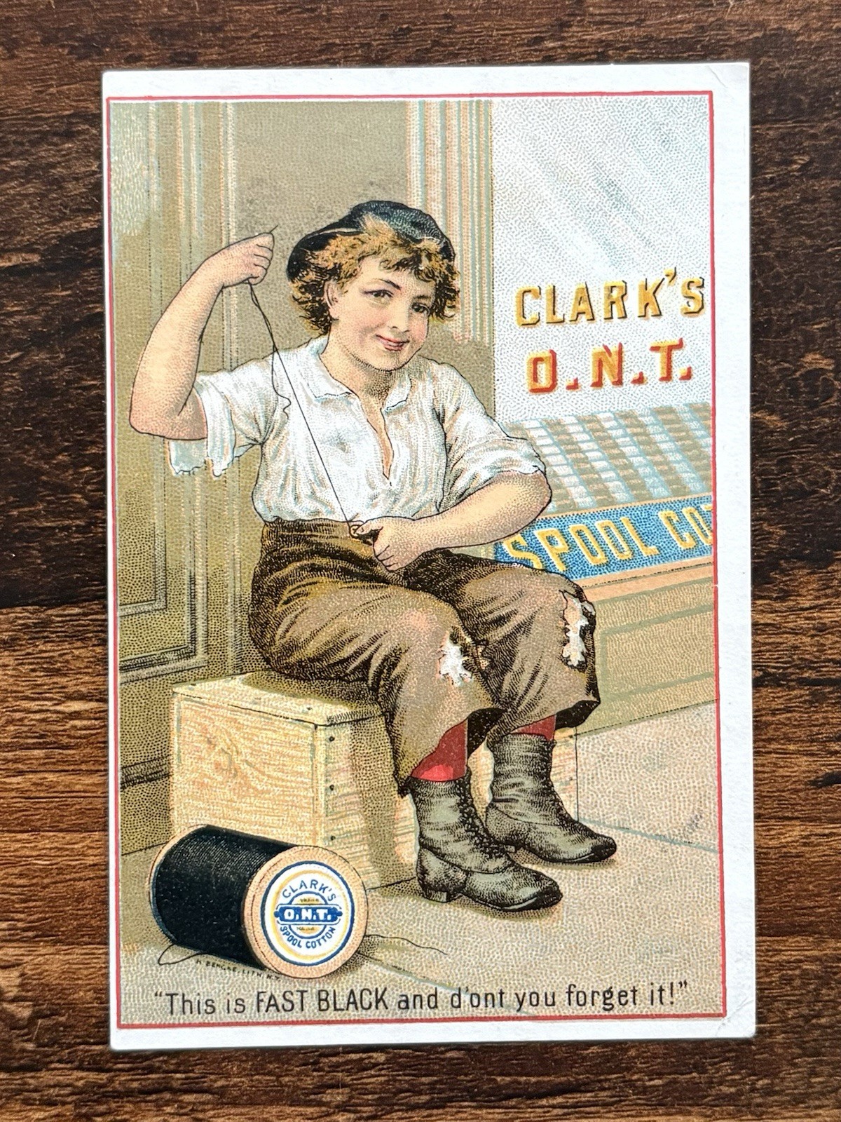Victorian Clark’s O.N.T. Spool Cotton Trade Card Boy Sewing Fast Black Thread