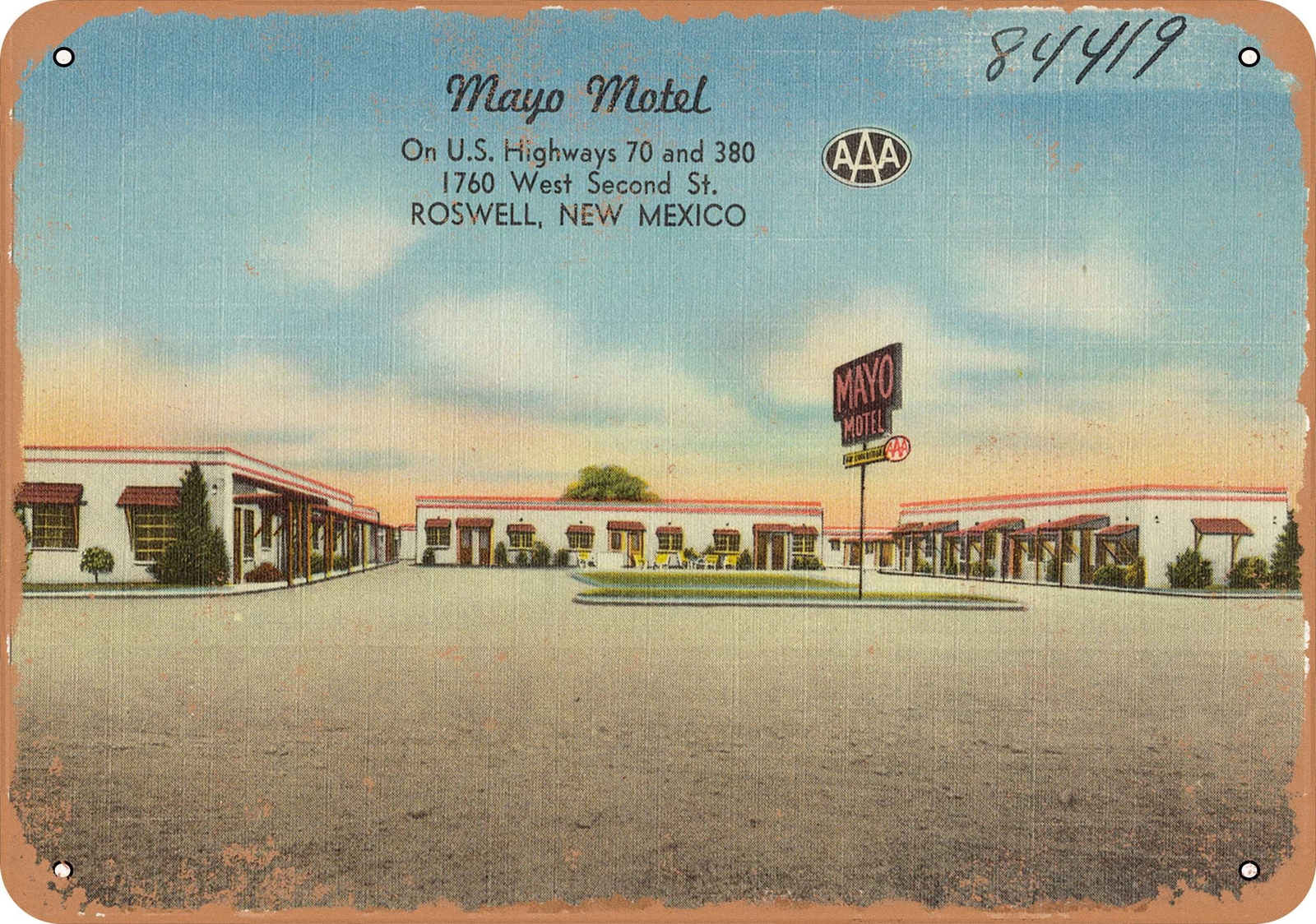 METAL SIGN – New Mexico Postcard – Mayo Motel, on U.S. Highways 70 and 380, 176