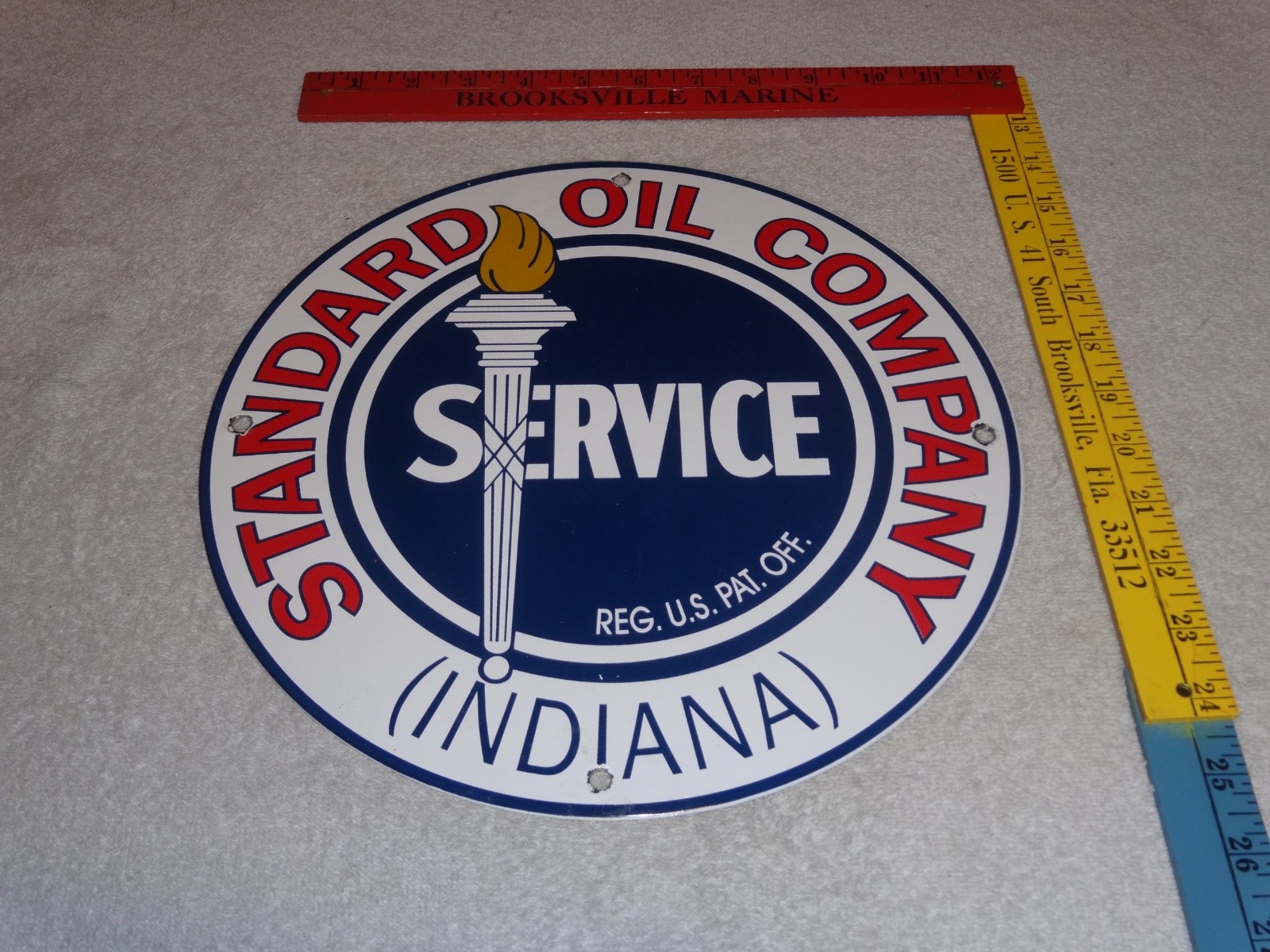 VINTAGE STANDARD OIL CO. GASOLINE SERVICE TORCH INDIANA 12″ PORCELAIN METAL SIGN