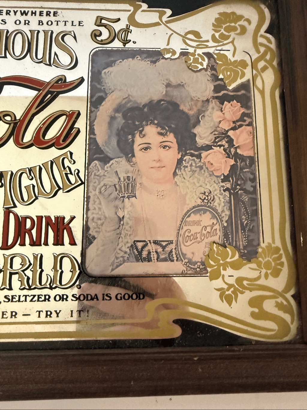 Vintage Coca Cola Wooden Frame Advertising Bar Mirror Brown Multi 13″ X 9 1/4″