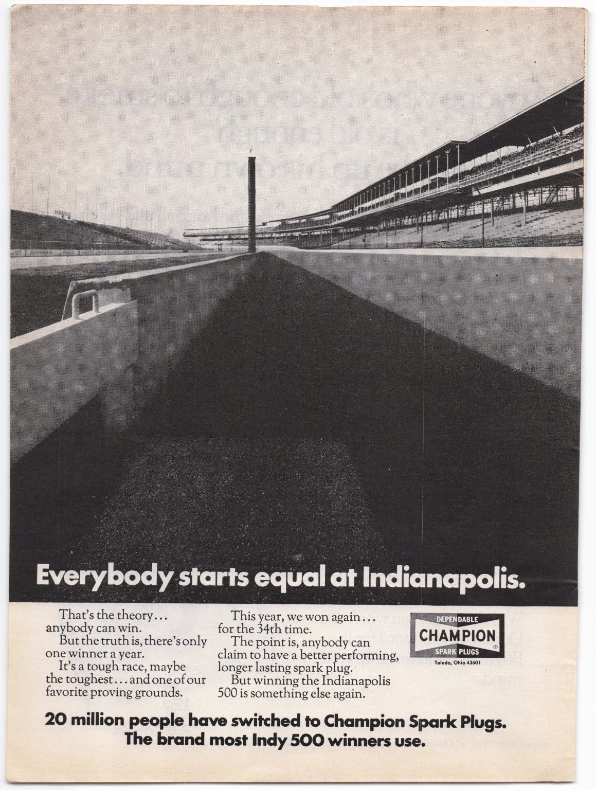 Vintage Champion Spark Plugs Magazine Ad 1970s Indianapolis 500 Racing