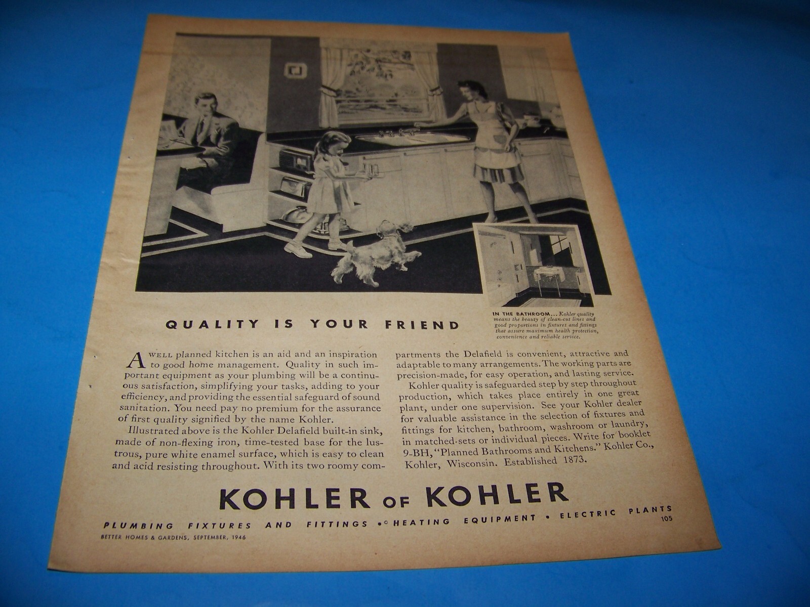 Kohler of Kohler Plumbing Fixtures Original Print Ad from Magazine 1946