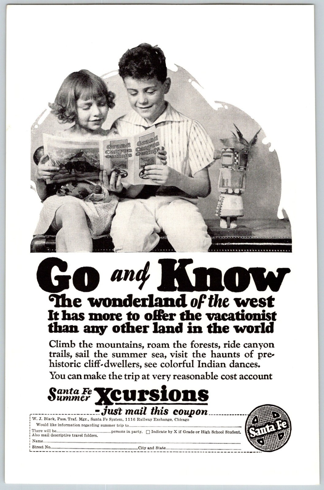 BOY & GIRL SANTA FE RAILROAD XCURSIONS Vintage 6.5″x10″ Magazine Ad 1920’s M749