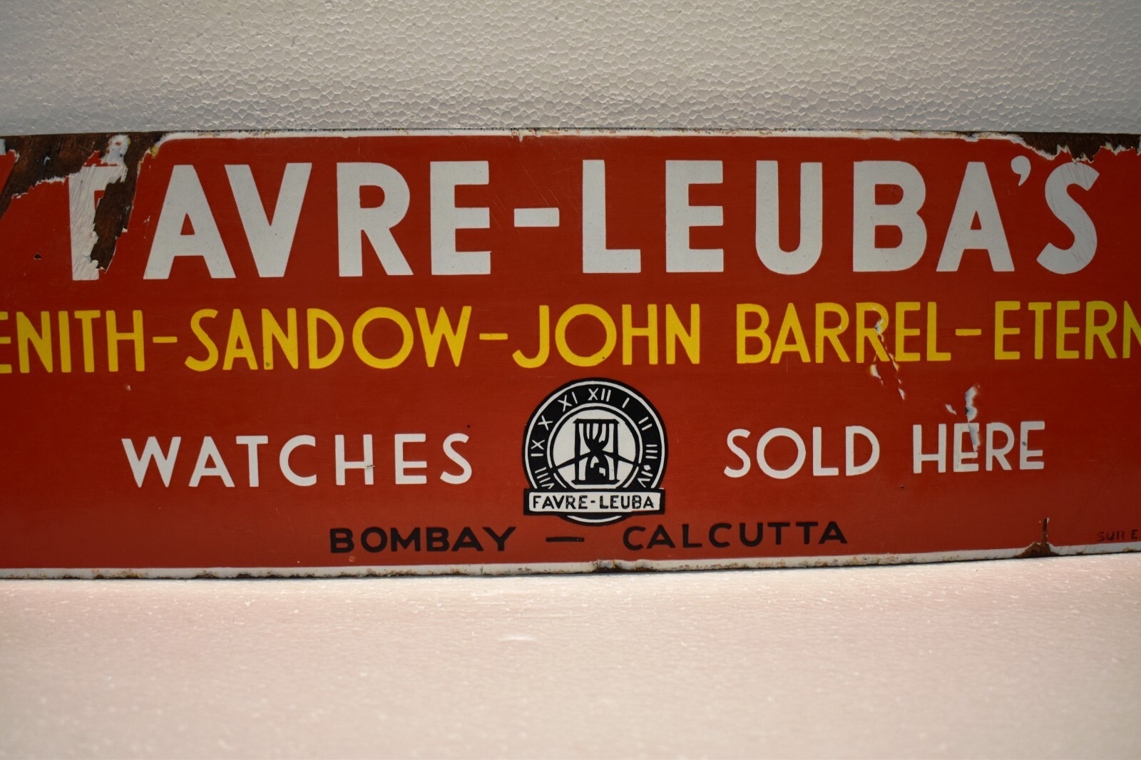Vintage Favre Leuba Porcelain Enamel Sign Bombay Calcutta Watch Shop Advertising