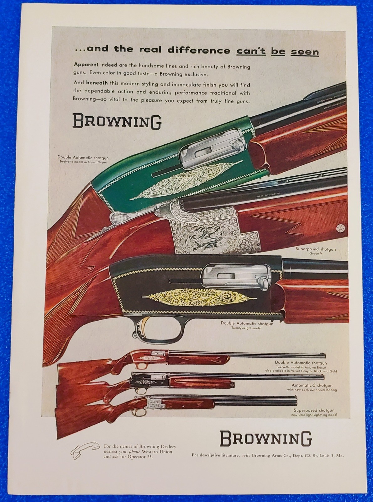 1956 Browning Double Automatic 12 Gauge Shotgun Engraved Hunting Wall Print Ad