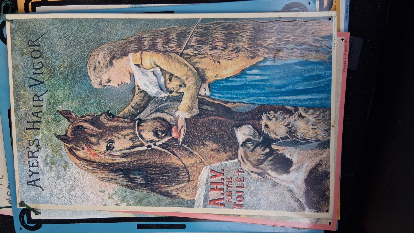 Victorian-era trade card advertising Ayer’s Hair Vigor, Tin Metal Sign