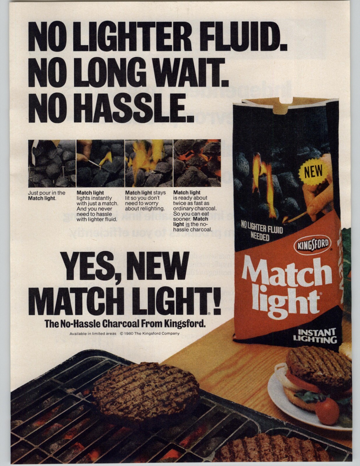 1981 Kingsford Match Light Charcoal Vintage Print Ad Burgers On Grill Food Art