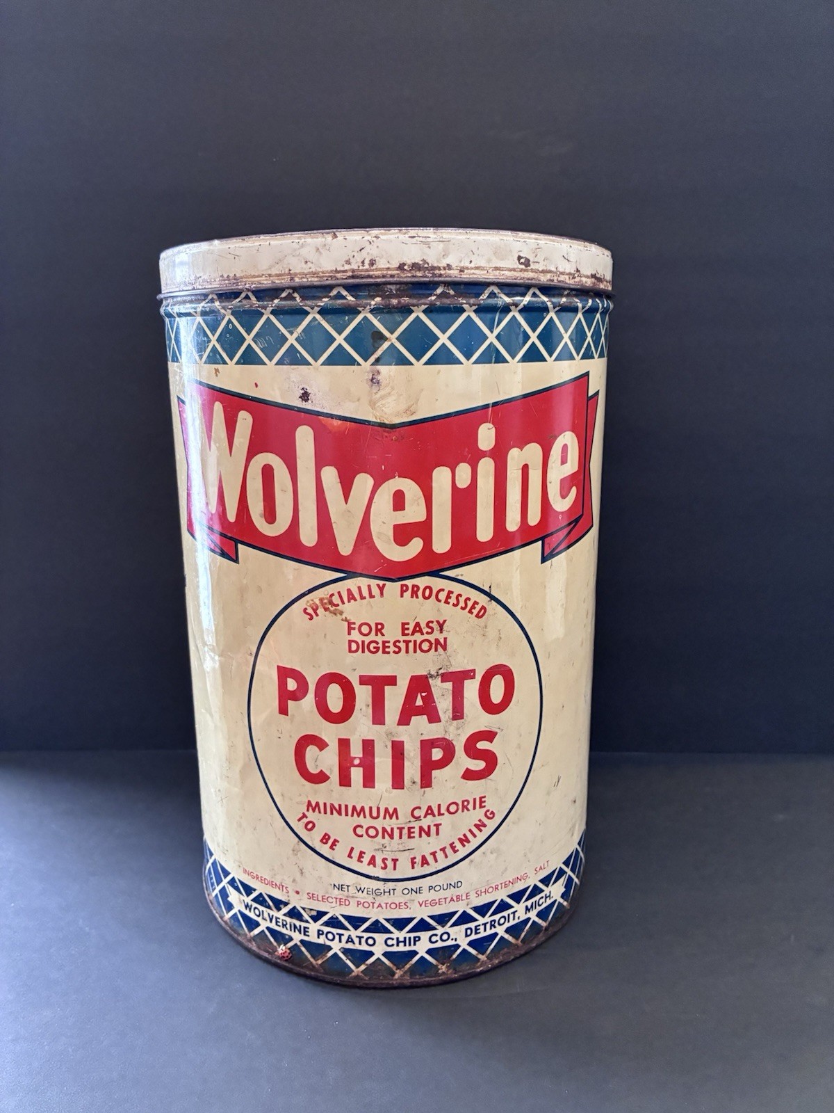 Vintage Rare Wolverine Potato Chip Tin Can Cannister 1lb..Made in Detroit ,Mich