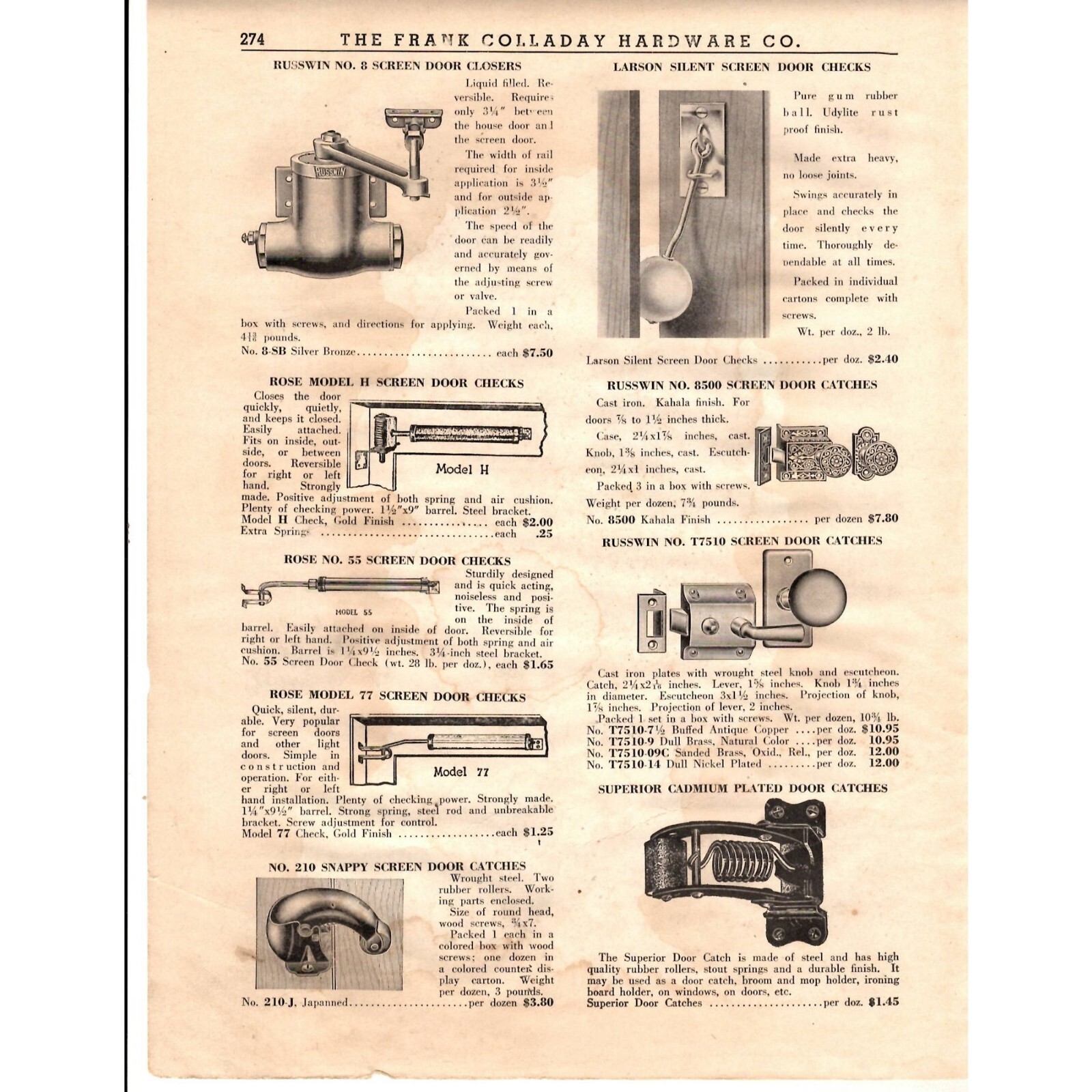 The Frank Colladay Hardware Co Page 273-274 Liquid Door Closers Hinges 1930’s