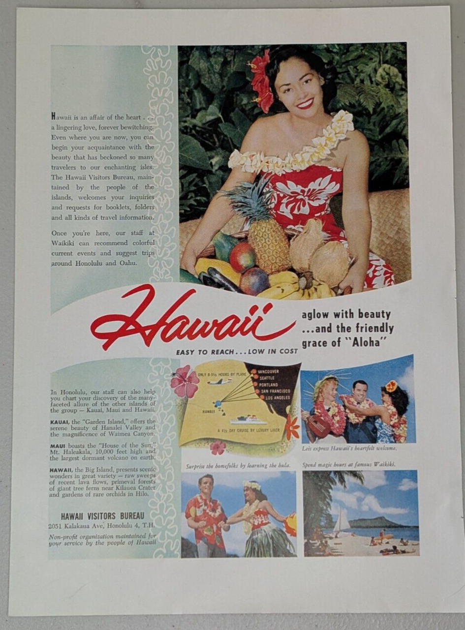 1957 Hawaii Visitors Bureau Vintage Print Ad Honolulu Kauai Maui Aloha Lei Beach