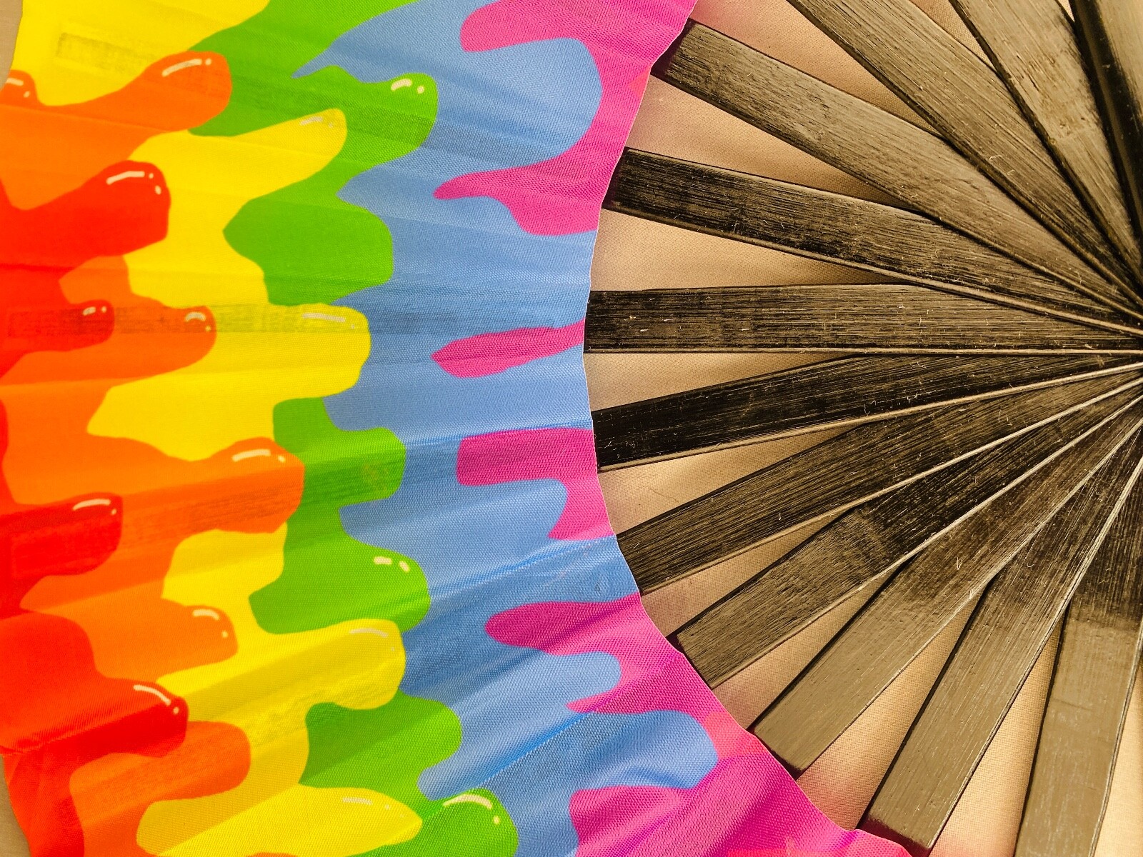 Rainbow Drip Trippy Uv Folding Hand Fan Clack Festival Drag Burlesque Rave Gay