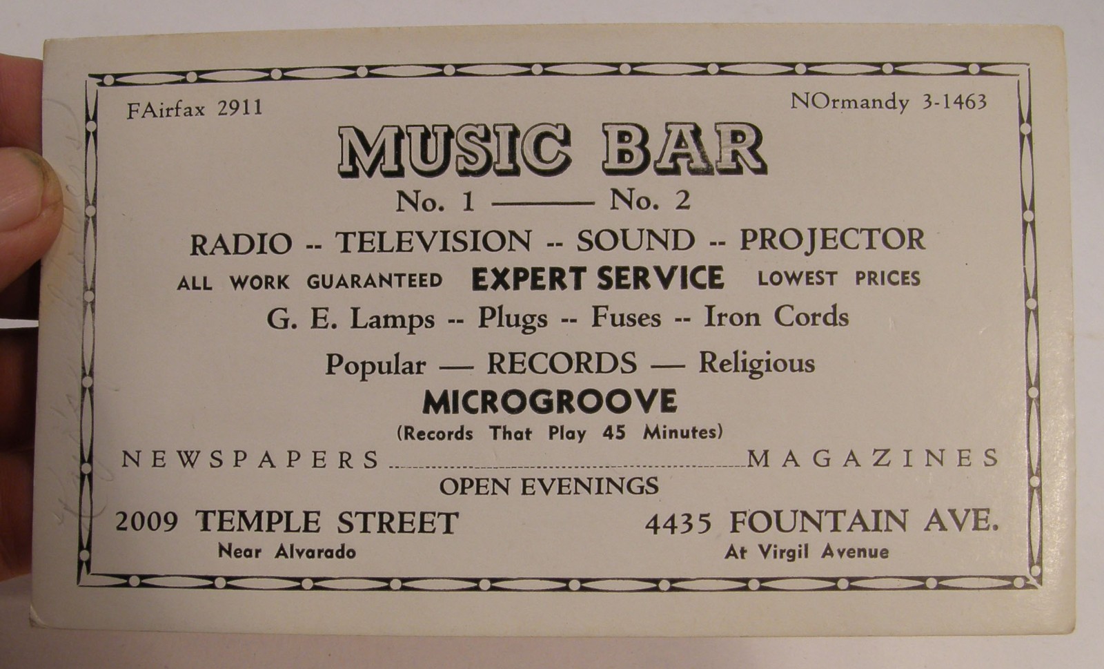 VINTAGE ADVERTISING BLOTTER “MUSIC BAR” LOS ANGELES RADIO TV REPAIR RECORD SHOP