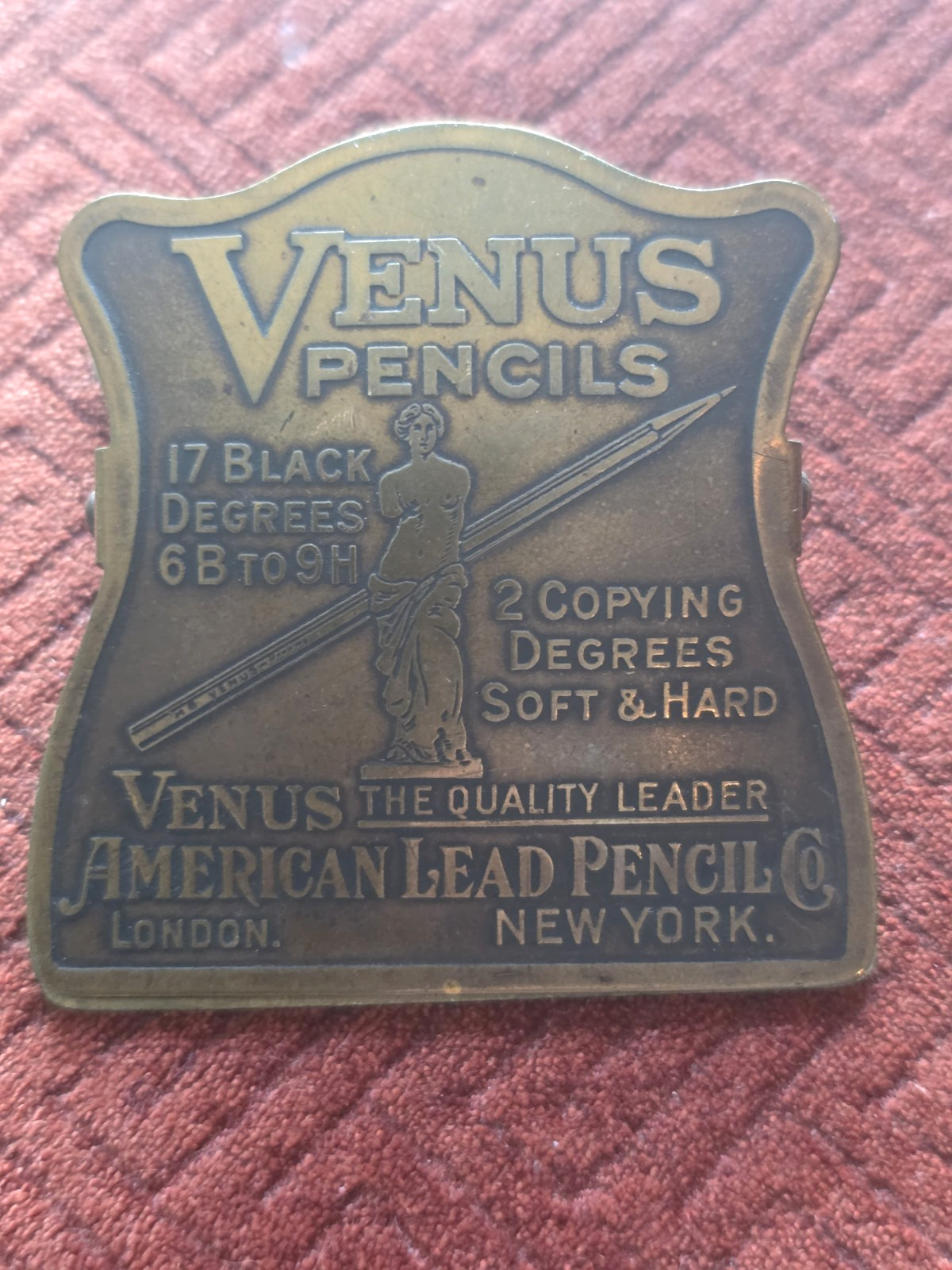 Antique Venus American Lead Pencil Co. Sign Brass Desk Paperclip Clip Holder