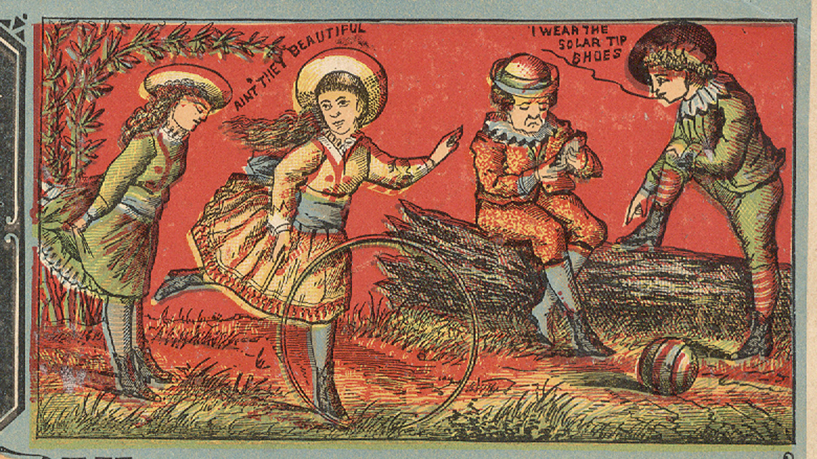 SOLAR TIP SHOES TRADE CARD, VICTORIAN CHILDREN PLAYING, HIGH BUTTON SHOES X379
