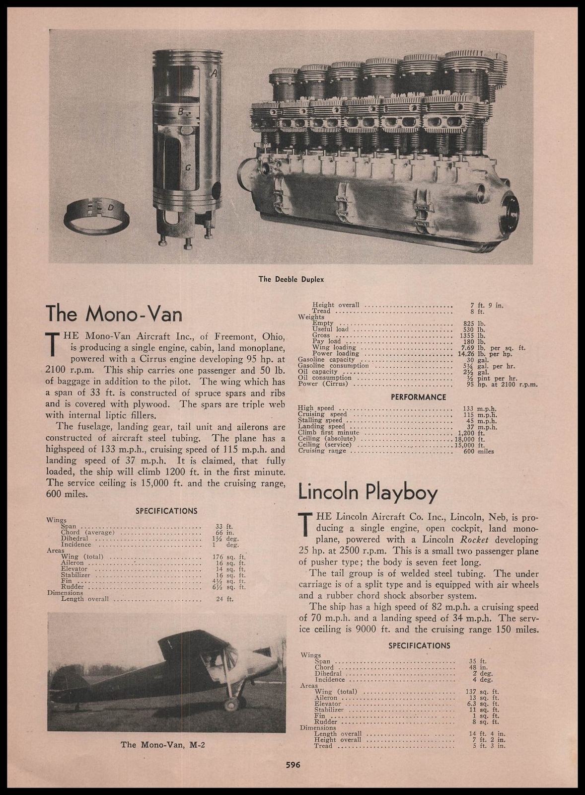 1931 Mono-Van Aircraft Inc Fremont Ohio M-2 Plane Photo & Specs Article Print Ad