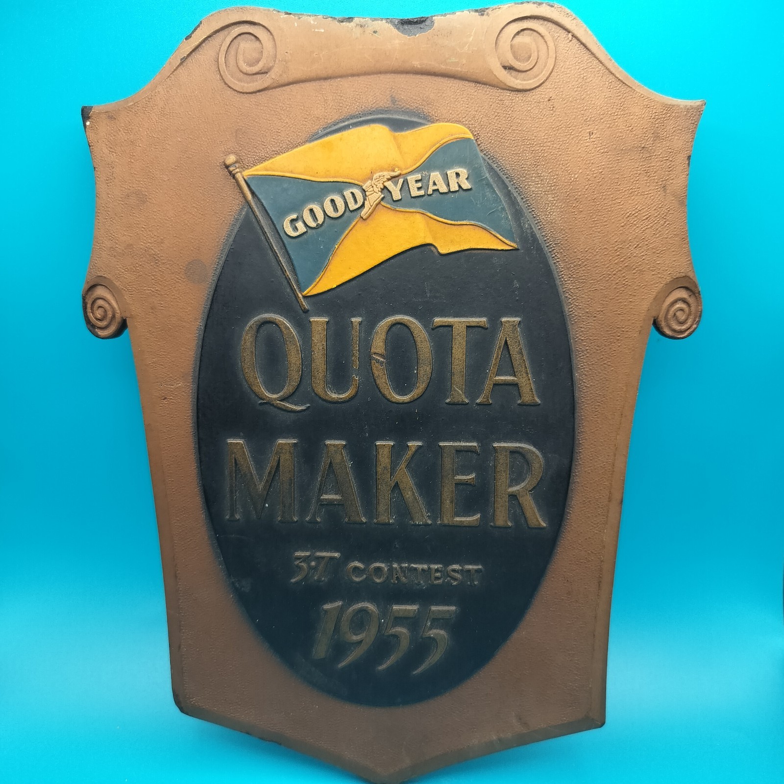 Vintage 1955 Goodyear Sales Quota Award Advertising Sign Plaque trophy antique