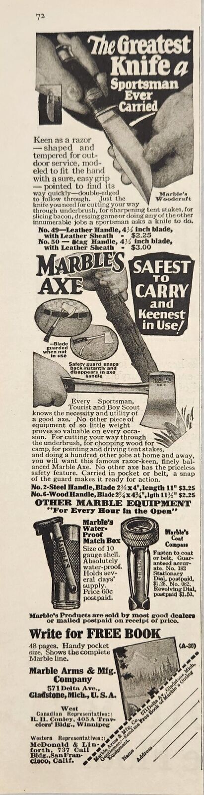 1929 Print Ad Marble’s Axes, Sportsman Knives Marble Arms Gladstone,Michigan
