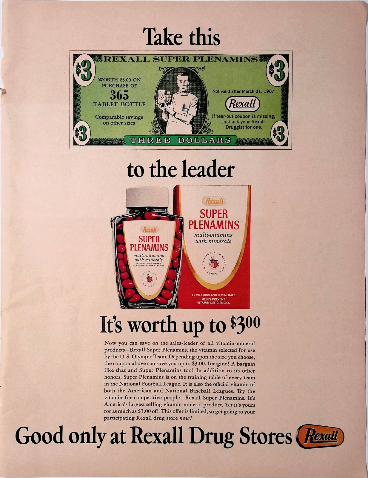 1967 Rexall Drug Stores Super Plenamins Vitamins Vintage Print Ad LIFE March 3