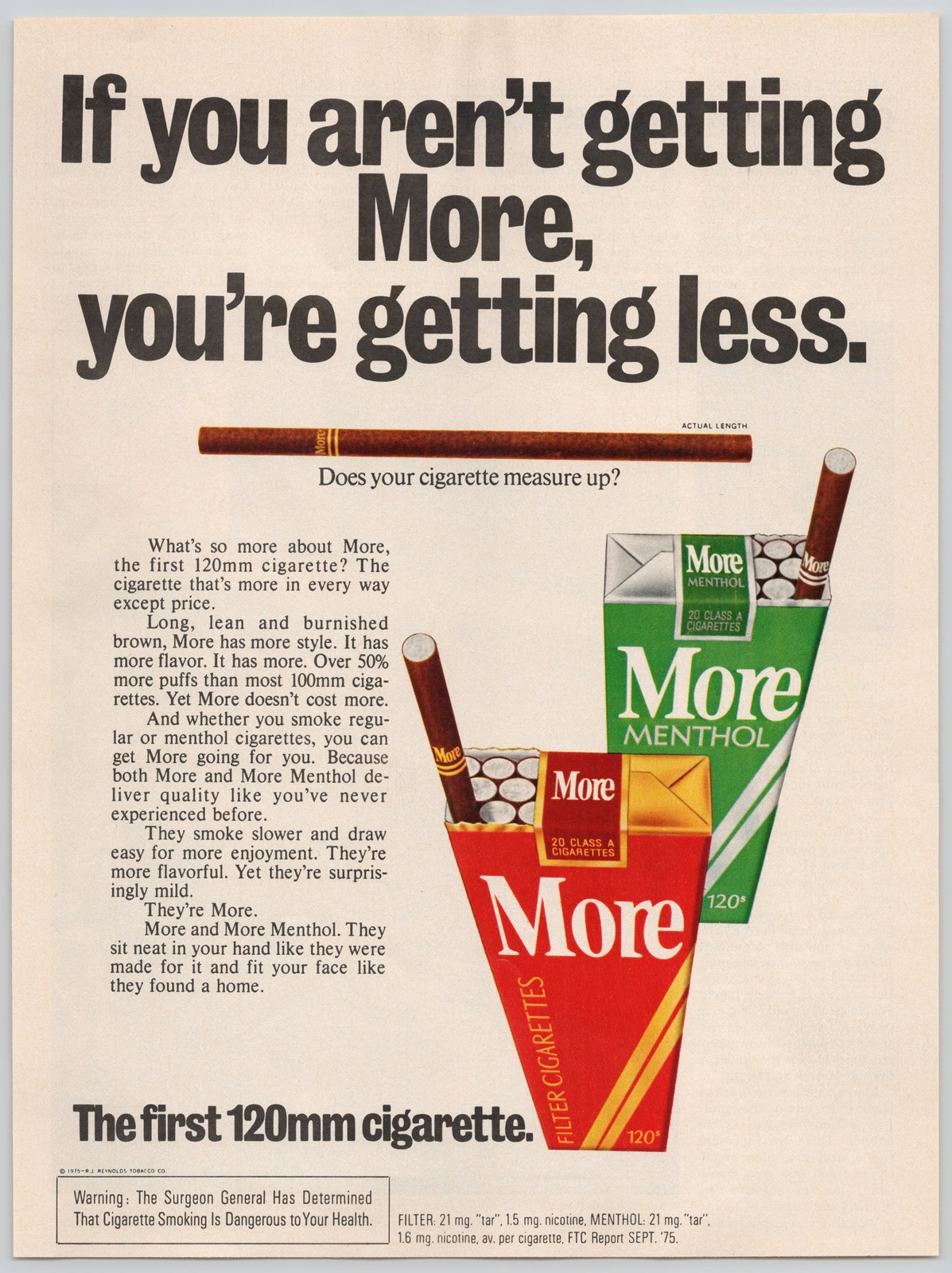 More Cigarettes RJ Reynolds 120mm Menthol Filter Style 1975 Print Ad