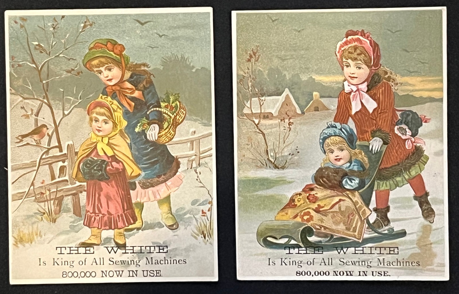 2 TRADECARDS THE WHITE IS KING OF ALL SEWING MACHINES”LITTLE GIRLS WINTER SCENES