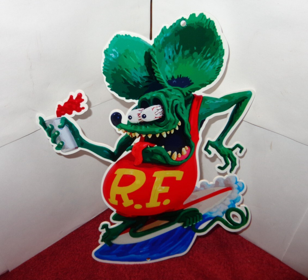 VINTAGE RATFINK SURFING W/ RED SODA 12″ METAL RAT FINK GASOLINE OIL ED ROTH SIGN